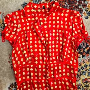 Betsey Johnson Red Fruit Print Button Up Silk Dress